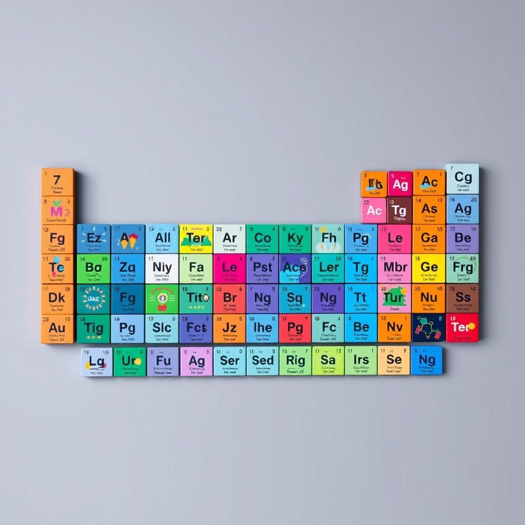 A visually striking and colorful periodic table of elements, illustrating all the elements in vibrant colors and artistic graphics