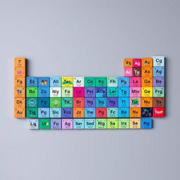 A visually striking and colorful periodic table of elements, illustrating all the elements in vibrant colors and artistic graphics