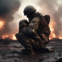 A high-quality digital art image capturing a poignant moment of a soldier embracing another soldier on a battlefield