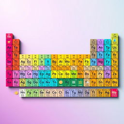 A visually striking and colorful periodic table of elements, illustrating all the elements in vibrant colors and artistic graphics