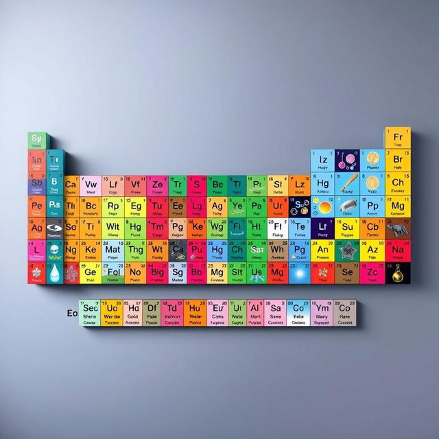 A visually striking and colorful periodic table of elements, illustrating all the elements in vibrant colors and artistic graphics