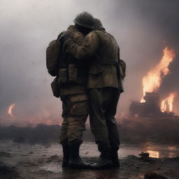 A high-quality digital art image capturing a poignant moment of a soldier embracing another soldier on a battlefield