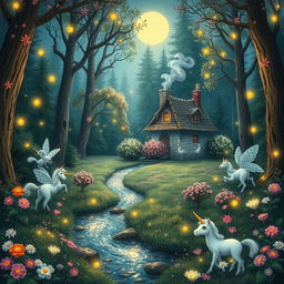 A whimsical, fairy-tale forest scene with mystical creatures like fairies and unicorns