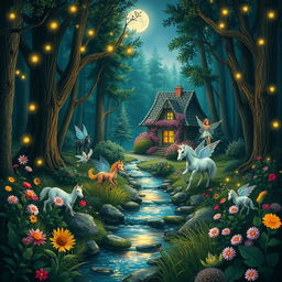 A whimsical, fairy-tale forest scene with mystical creatures like fairies and unicorns