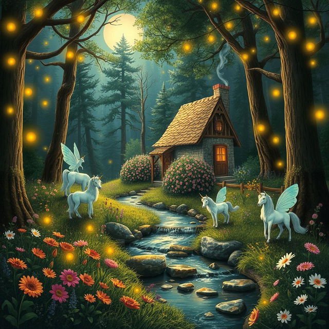 A whimsical, fairy-tale forest scene with mystical creatures like fairies and unicorns