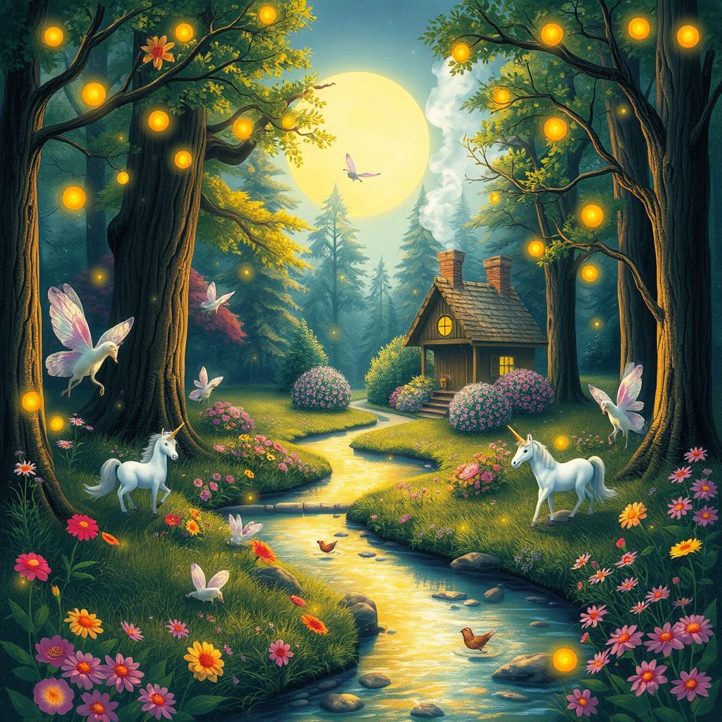 A whimsical, fairy-tale forest scene with mystical creatures like fairies and unicorns