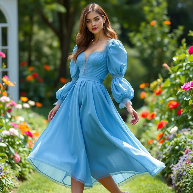 A stylish blue dress with long puff sleeves and a flowing, flared skirt