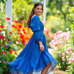 A stylish blue dress with long puff sleeves and a flowing, flared skirt
