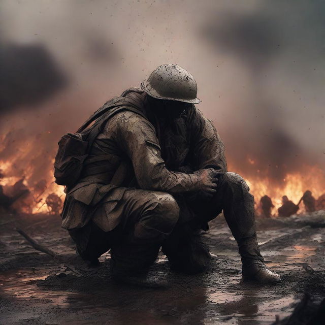 A high-quality digital art image capturing a poignant moment of a soldier embracing another soldier on a battlefield