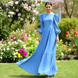 A fashionable blue dress featuring long puff sleeves and a long, flowing flared skirt