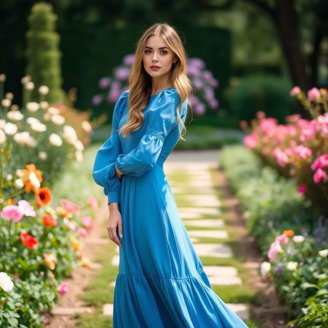 A fashionable blue dress featuring long puff sleeves and a long, flowing flared skirt