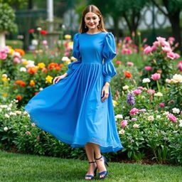 A fashionable blue dress featuring long puff sleeves and a long, flowing flared skirt