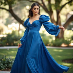 A beautiful model wearing a long, flowing blue dress with puffy long sleeves and a flared maxi skirt