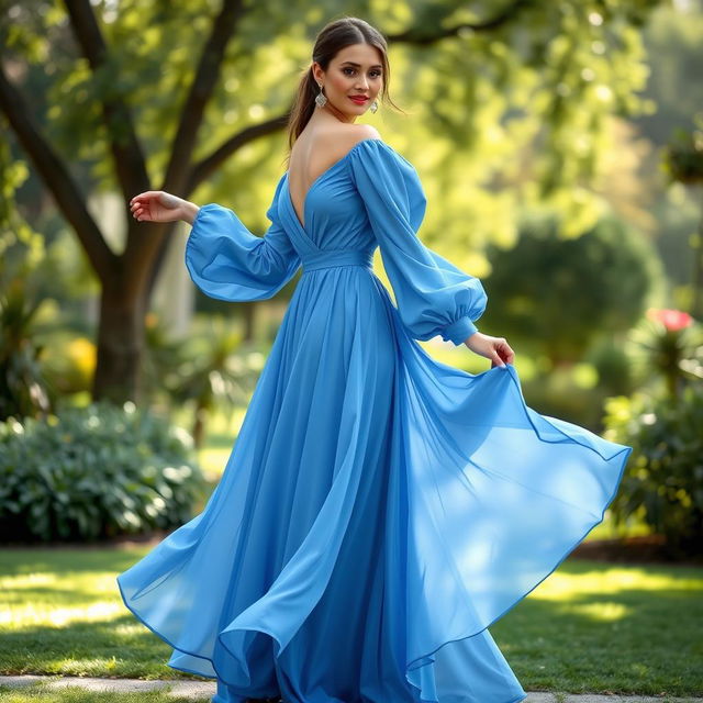 A beautiful model wearing a long, flowing blue dress with puffy long sleeves and a flared maxi skirt