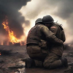 A high-quality digital art image capturing a poignant moment of a soldier embracing another soldier on a battlefield