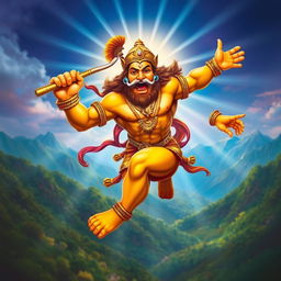 A majestic depiction of Bajrangbali (Hanuman), the Hindu deity, portrayed with a strong and muscular physique, embodying strength and devotion