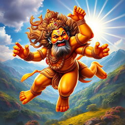 A majestic depiction of Bajrangbali (Hanuman), the Hindu deity, portrayed with a strong and muscular physique, embodying strength and devotion