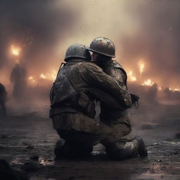 A high-quality digital art image capturing a poignant moment of a soldier embracing another soldier on a battlefield