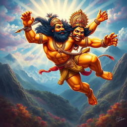 A majestic depiction of Bajrangbali (Hanuman), the Hindu deity, portrayed with a strong and muscular physique, embodying strength and devotion