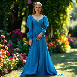 A stunning model dressed in a long, elegant blue gown featuring puffy long sleeves and a dramatic flared maxi skirt