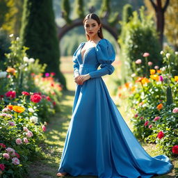 A stunning model dressed in a long, elegant blue gown featuring puffy long sleeves and a dramatic flared maxi skirt