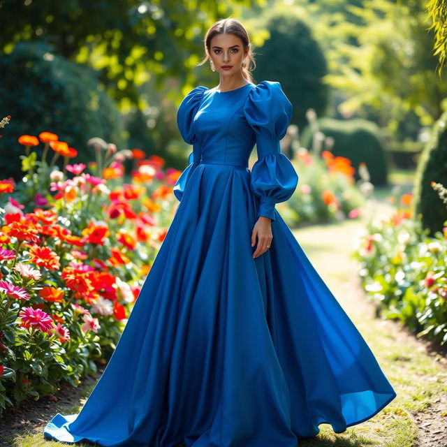 A stunning model dressed in a long, elegant blue gown featuring puffy long sleeves and a dramatic flared maxi skirt