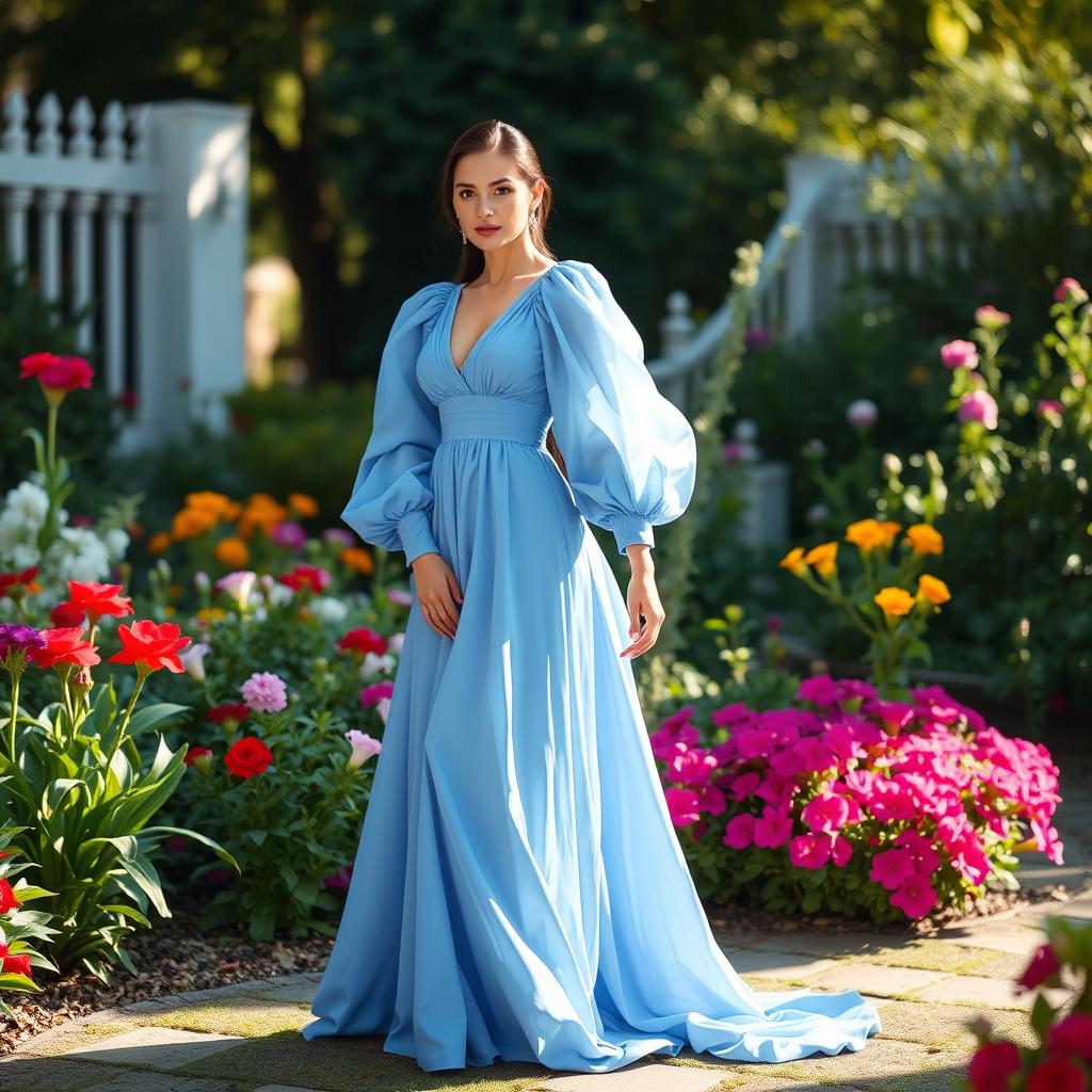 A stunning model dressed in a long, elegant blue gown featuring puffy long sleeves and a dramatic flared maxi skirt