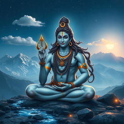 A serene and majestic depiction of Bholenath, also known as Lord Shiva, seated in a tranquil meditative posture
