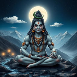 A serene and majestic depiction of Bholenath, also known as Lord Shiva, seated in a tranquil meditative posture