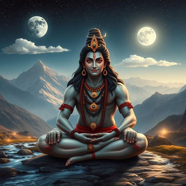 A serene and majestic depiction of Bholenath, also known as Lord Shiva, seated in a tranquil meditative posture