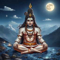 A serene and majestic depiction of Bholenath, also known as Lord Shiva, seated in a tranquil meditative posture