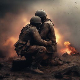 A high-quality digital art image capturing a poignant moment of a soldier embracing another soldier on a battlefield