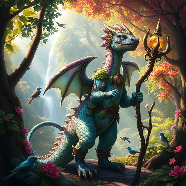 A majestic Gem Dragonborn Druid standing in a lush enchanted forest, with vibrant magical flora surrounding them