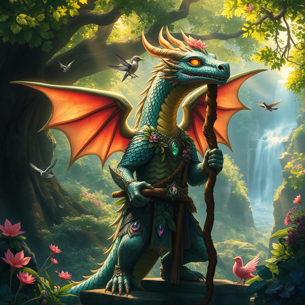 A majestic Gem Dragonborn Druid standing in a lush enchanted forest, with vibrant magical flora surrounding them