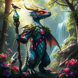 A majestic Gem Dragonborn Druid standing in a lush enchanted forest, with vibrant magical flora surrounding them