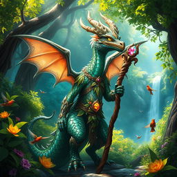 A majestic Gem Dragonborn Druid standing in a lush enchanted forest, with vibrant magical flora surrounding them