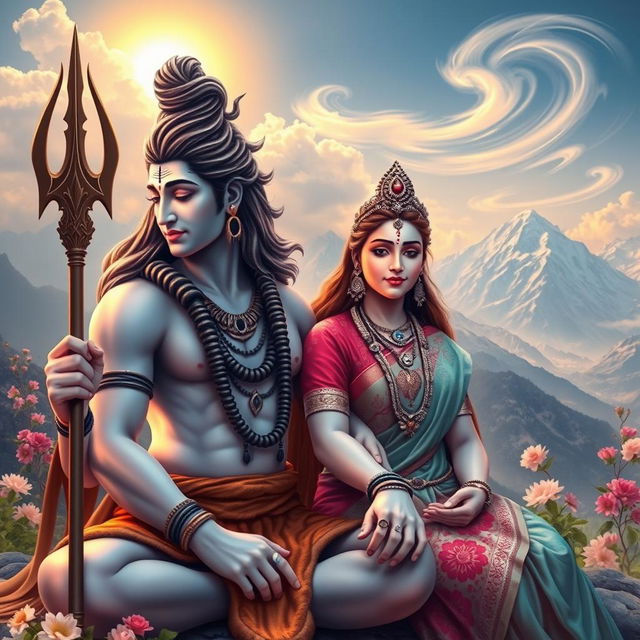 A beautifully composed scene featuring Lord Shiva and Goddess Parvati, both depicted with serene expressions