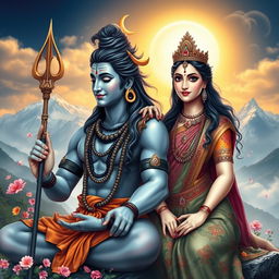 A beautifully composed scene featuring Lord Shiva and Goddess Parvati, both depicted with serene expressions