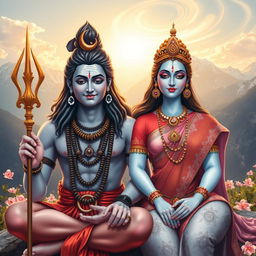 A beautifully composed scene featuring Lord Shiva and Goddess Parvati, both depicted with serene expressions