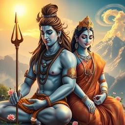 A beautifully composed scene featuring Lord Shiva and Goddess Parvati, both depicted with serene expressions