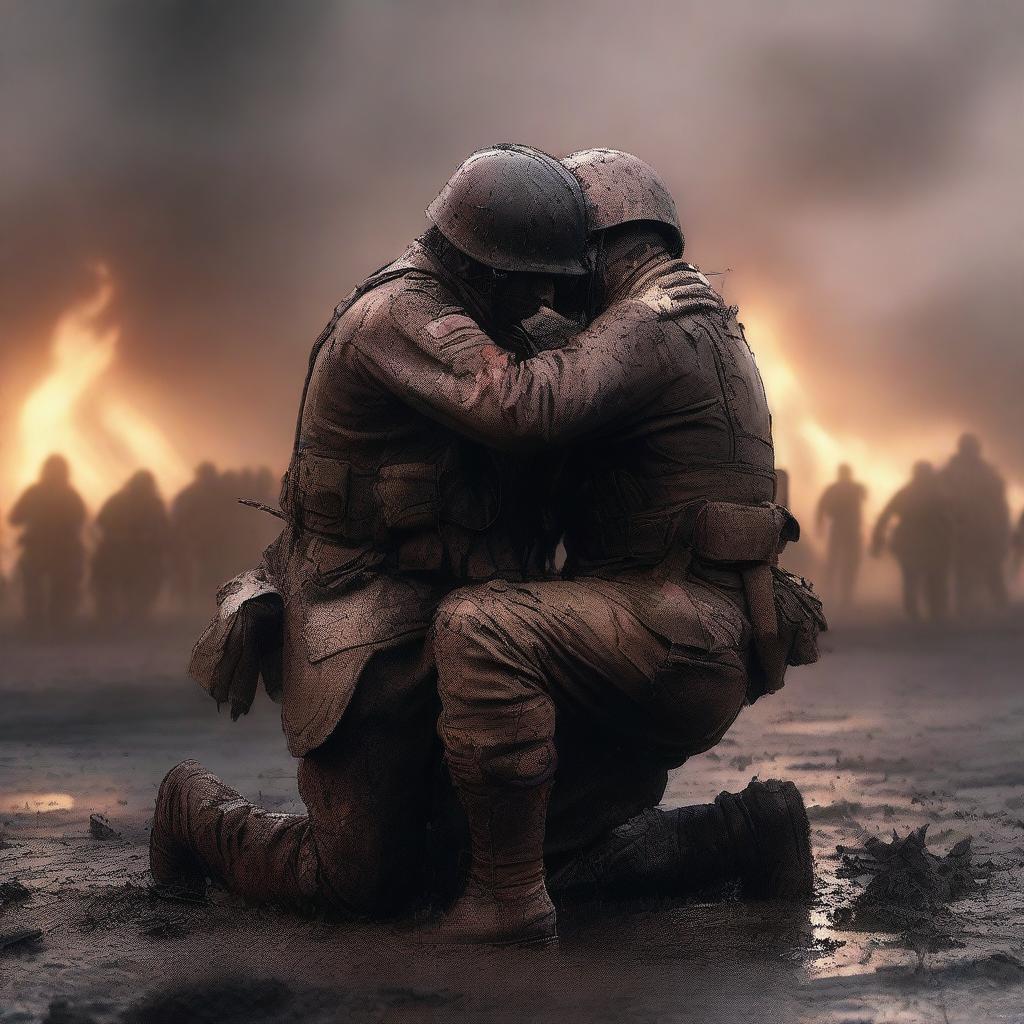 A high-quality digital art image capturing a poignant moment of a soldier embracing another soldier on a battlefield