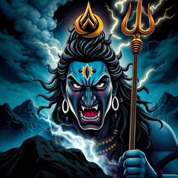 A powerful and intense depiction of Bholenath, also known as Lord Shiva, expressing anger