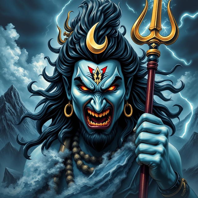 A powerful and intense depiction of Bholenath, also known as Lord Shiva, expressing anger