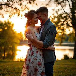 A romantic scene depicting a loving husband and wife embracing each other tenderly in a beautiful outdoor setting during sunset