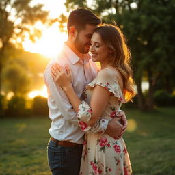 A romantic scene depicting a loving husband and wife embracing each other tenderly in a beautiful outdoor setting during sunset