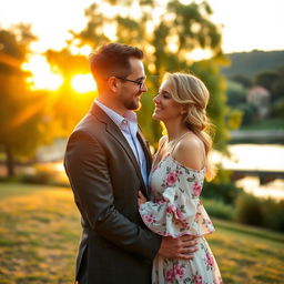 A romantic scene depicting a loving husband and wife embracing each other tenderly in a beautiful outdoor setting during sunset
