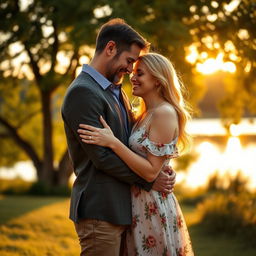 A romantic scene depicting a loving husband and wife embracing each other tenderly in a beautiful outdoor setting during sunset