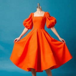 A stylish outfit featuring a square neckline and puffed sleeves, with a flared, bell-shaped skirt that has a full and dramatic silhouette