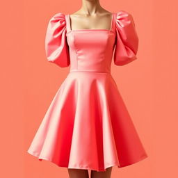 A stylish outfit featuring a square neckline and puffed sleeves, with a flared, bell-shaped skirt that has a full and dramatic silhouette