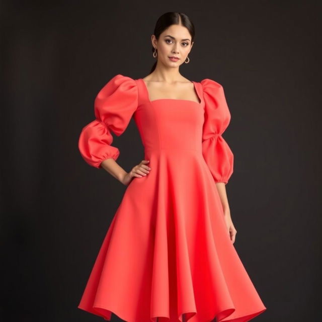 A stylish outfit featuring a square neckline and puffed sleeves, with a flared, bell-shaped skirt that has a full and dramatic silhouette